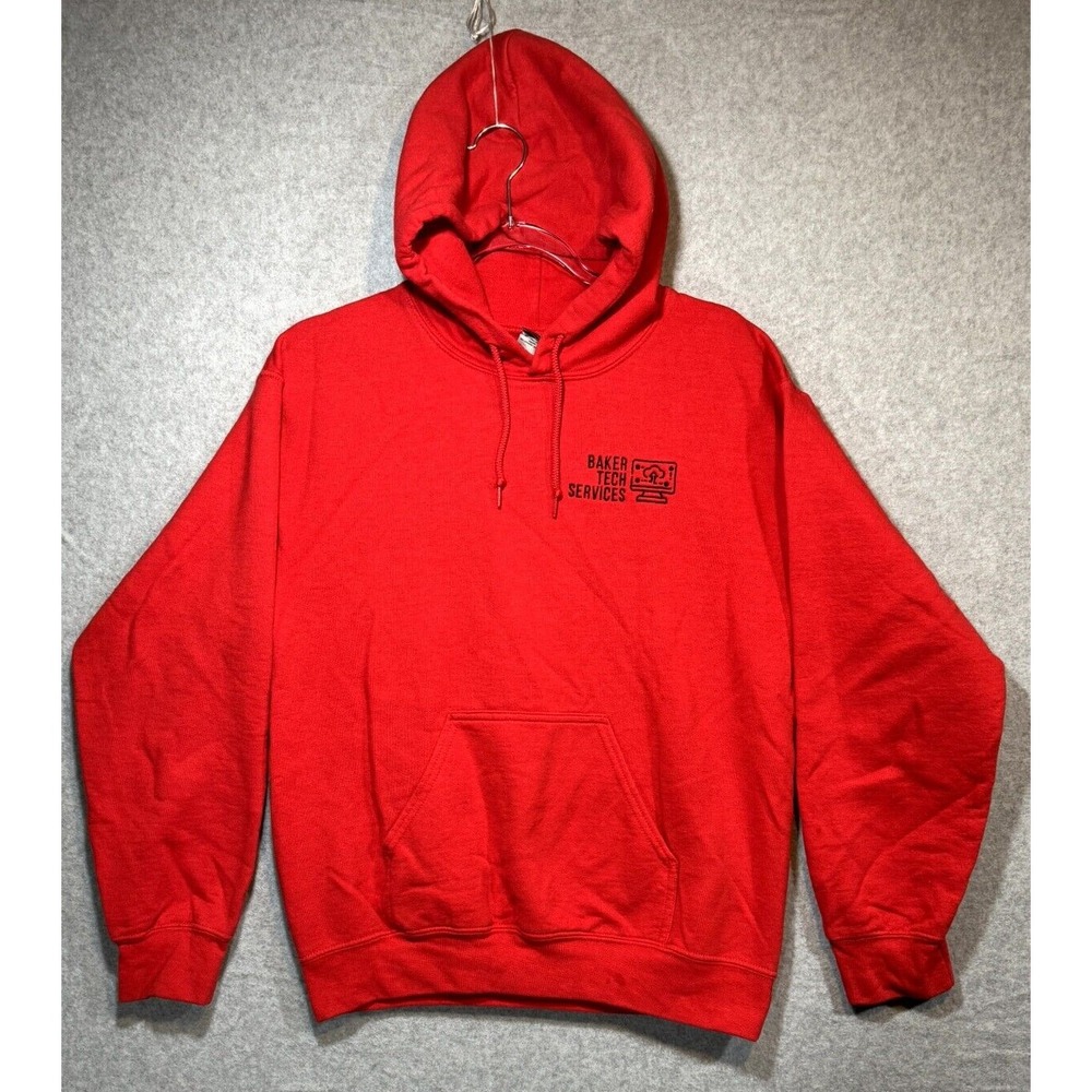 Gildan Hoodie‎ Men's S Red Cotton Baker Tech Services Logo Fleece Lined Pullover